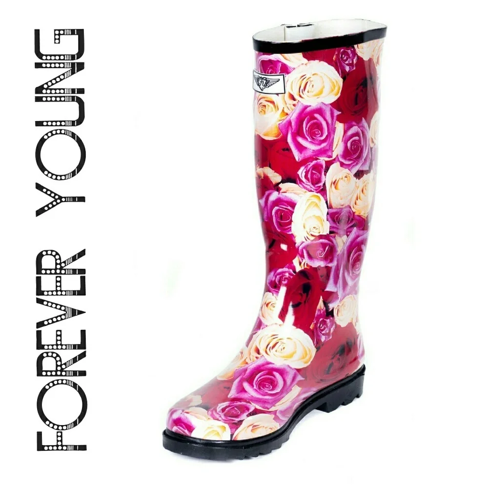 Women Knee High Rainboots, Rb-1409, Rose Garden, Size 11